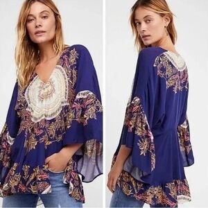 Free People Sunset Dreams Ruffle Tunic Top Size Small ~ Navy Blue ~
